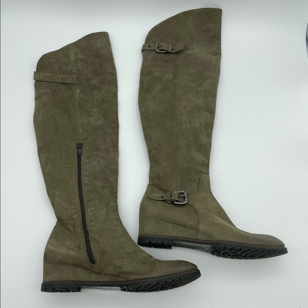 Napoleoni Leather Hidden Wedge Knee High Boots Olive Green